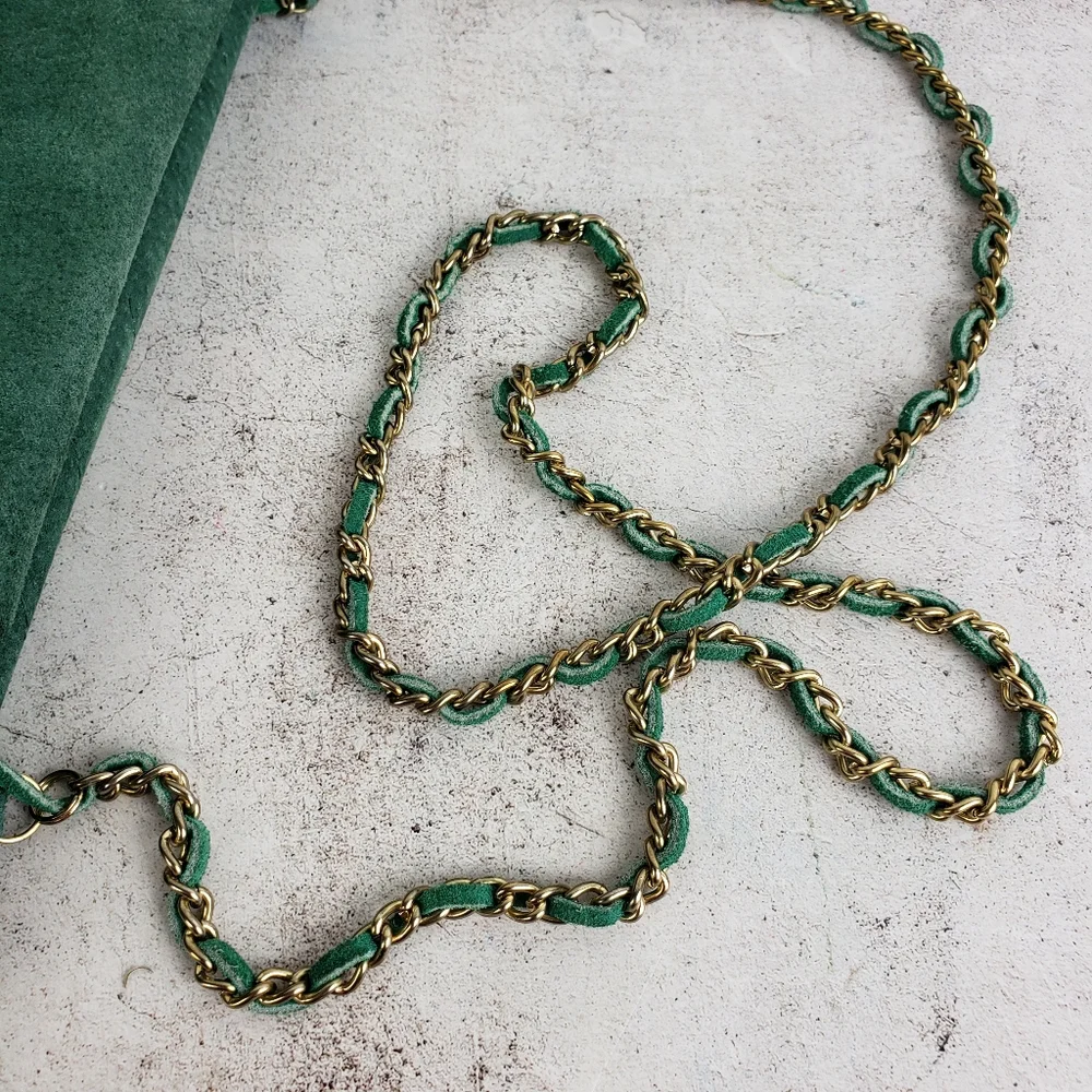 Vintage Suede Leather Purse Bag Emerald Green Crossbody Big Mouth Chain Strap